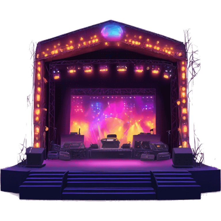 music festival stage with neon lights and production special effects emoji