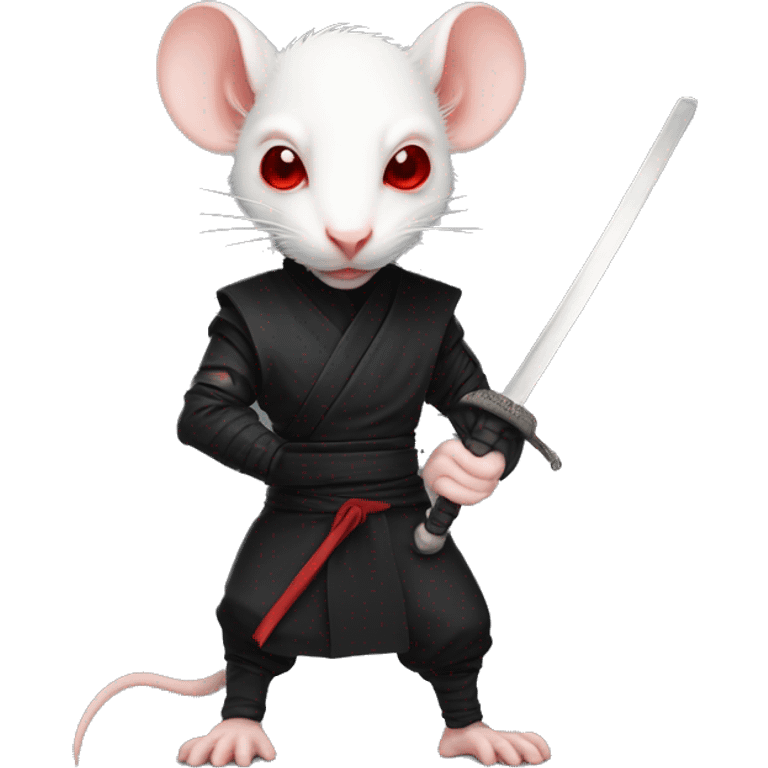 Albino rat red eyes wearing a headband, black ninja costume, dramatic pose, holding sword emoji