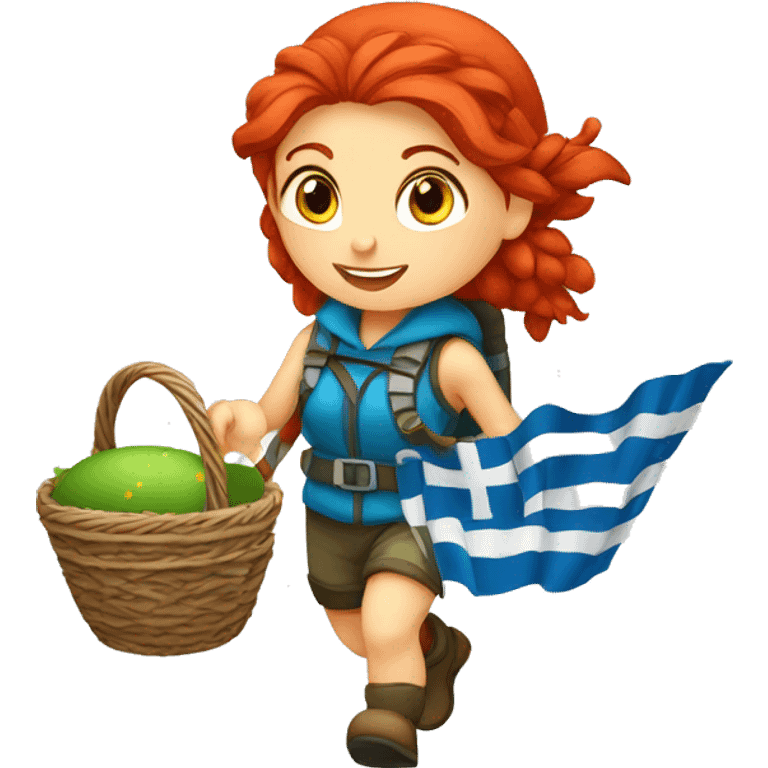 red hair female winter mountaineer climbing with Easter basket and Greek flag emoji