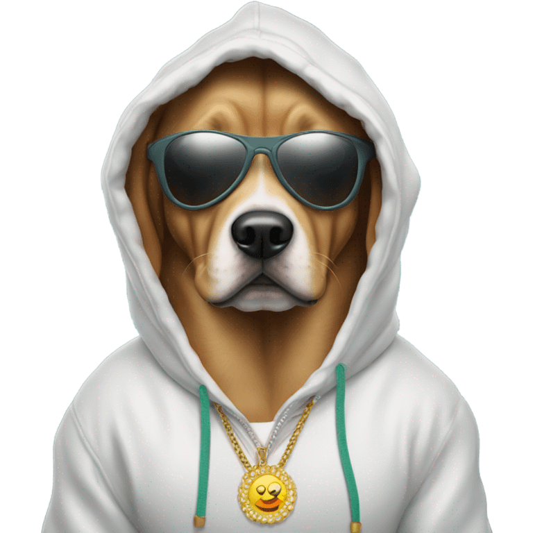 Dog wearing a hoodie and sun glasses with iced out necklaces  emoji