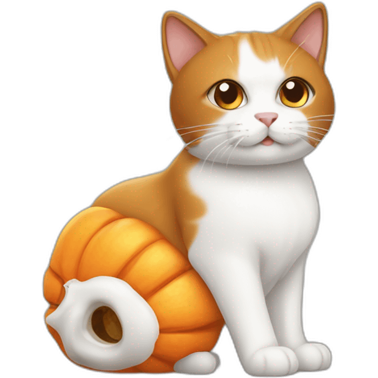 White and brown cat sitting in pumpkin emoji