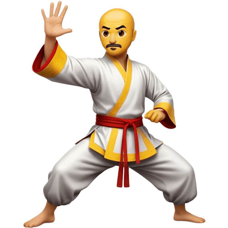 Cinematic Realistic Kung Fu Action Emoji, depicted as an epic martial arts scene with a master executing a precise move in traditional attire, rendered with fluid motion and vibrant textures under dramatic high-contrast lighting. emoji