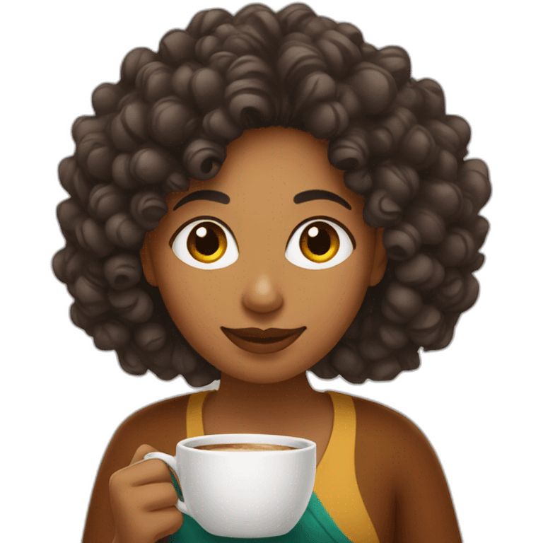 Indian woman with curly hair taking a coffee emoji