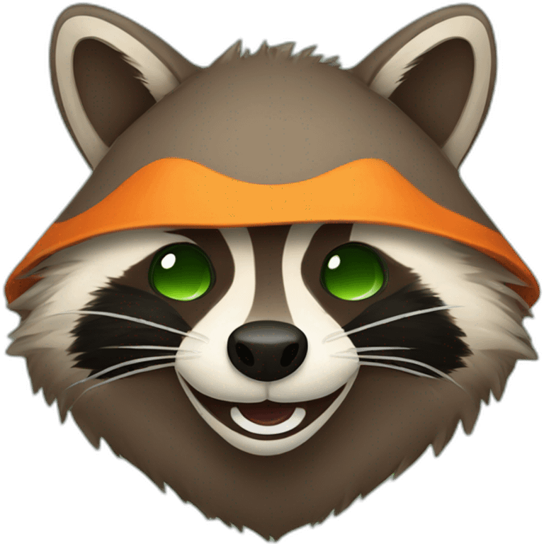 brown raccoon with orange eyes and a dark green hood that is laughing emoji