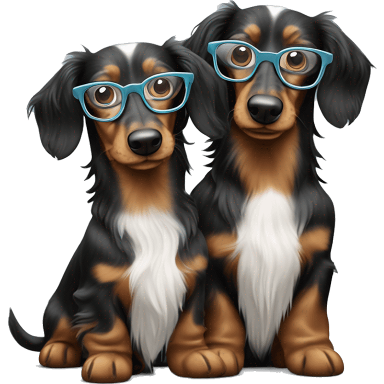 Two Tri Merle long haired Dachshunds together wearing glasses emoji