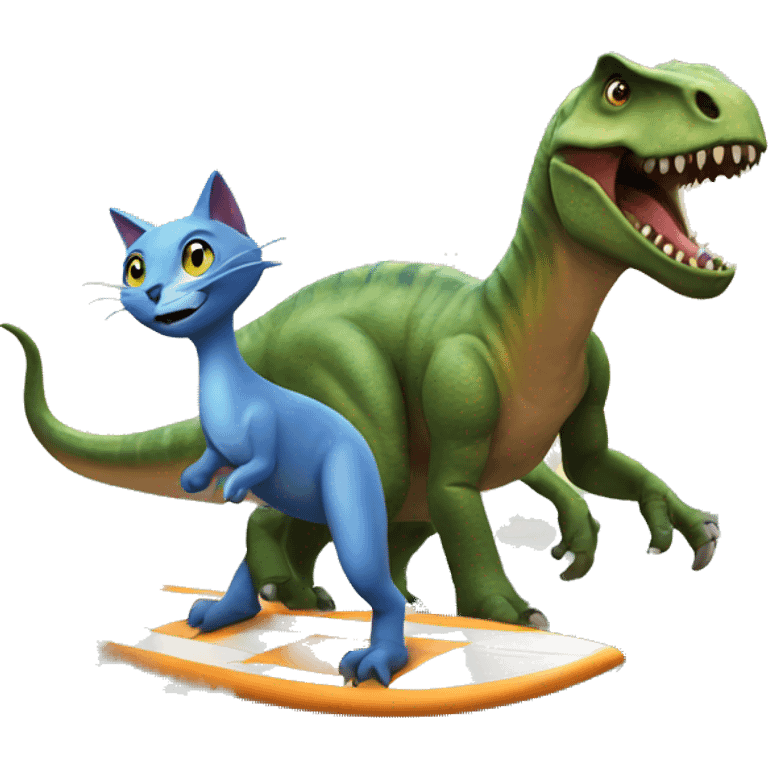 Dinosaur with cat on had on surf emoji