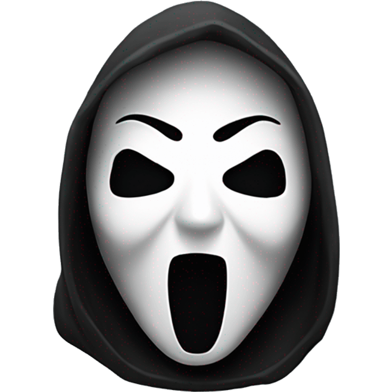 “Apple emoji of Ghostface: white mask with a screaming expression, dark eyes, and a black hooded cloak.” emoji