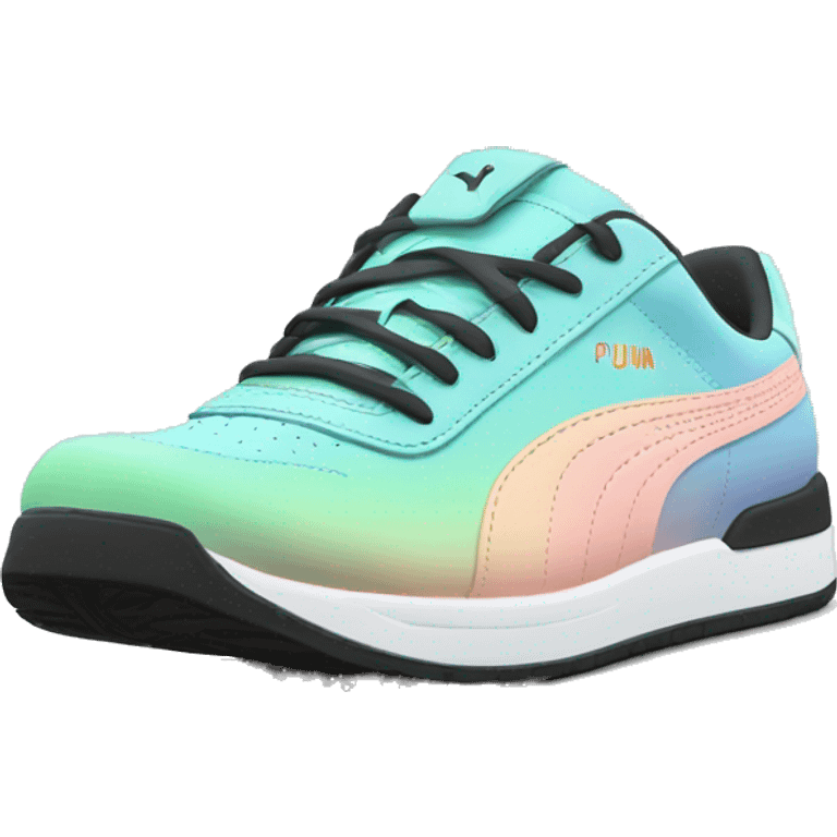 Realistic pair of pastel blue pastel green peach and black ombre Puma sneakers isolated.  emoji