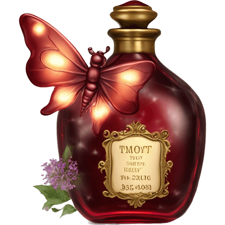 Dark red magic fairy light sparkling old Antique oil perfume bottle with herbal and flowers emoji