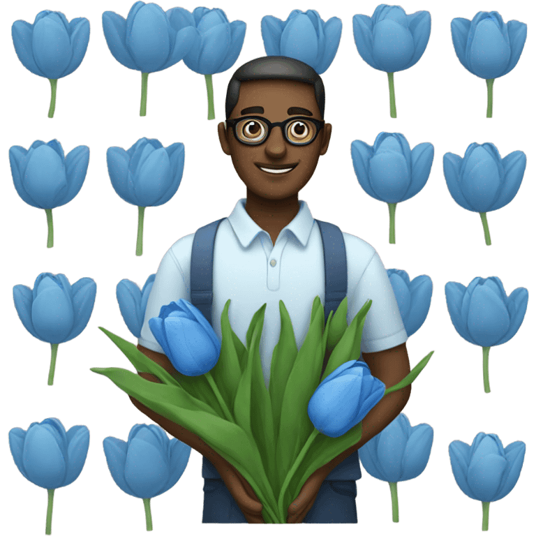 A man with glasses holding blue tulips emoji