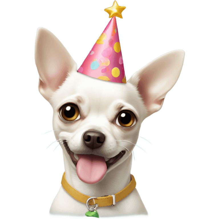 White chihuahua wearing a birthday hat emoji