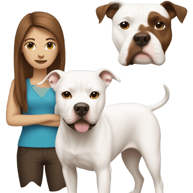 white woman with straight long brown hair standing alongside a white pitbull emoji