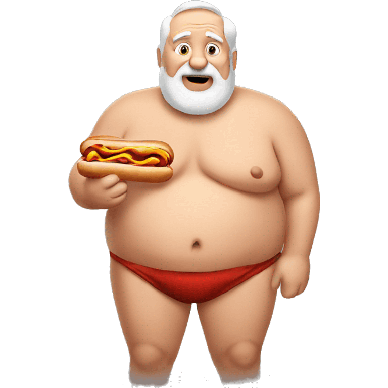 Shirtless Fat old man holding a hotdog with relish emoji