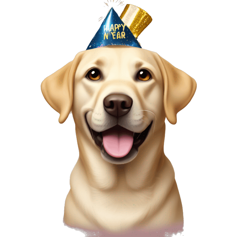 Labrador wearing new years eve Party hat with happy new year emoji