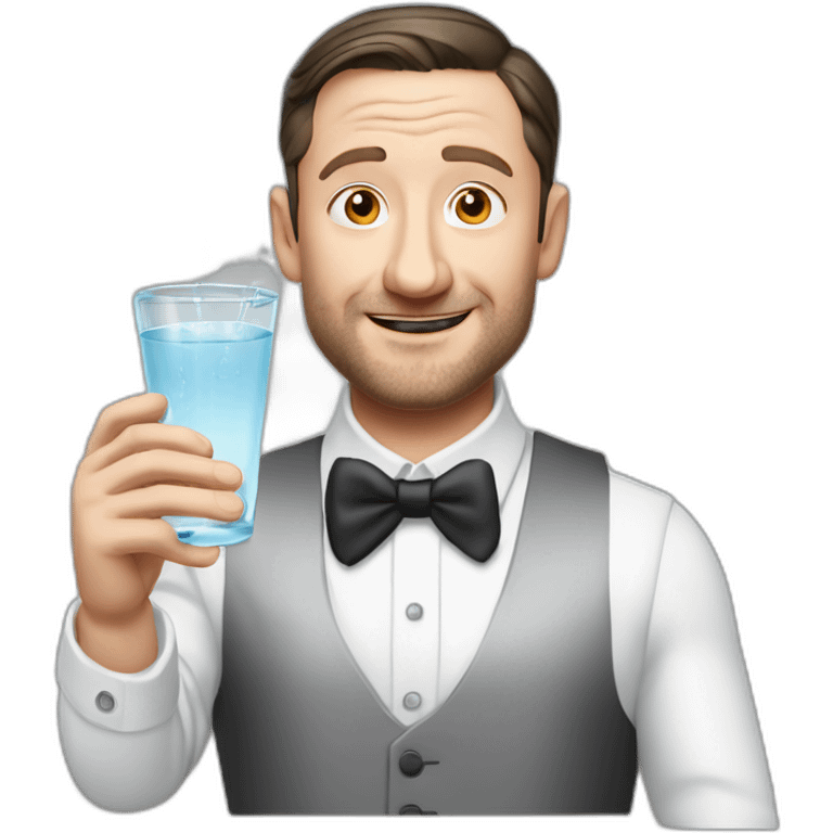 tim robinson dark black slicked back hair white long sleeve shirt with a light grey vest pouring water on a steak emoji