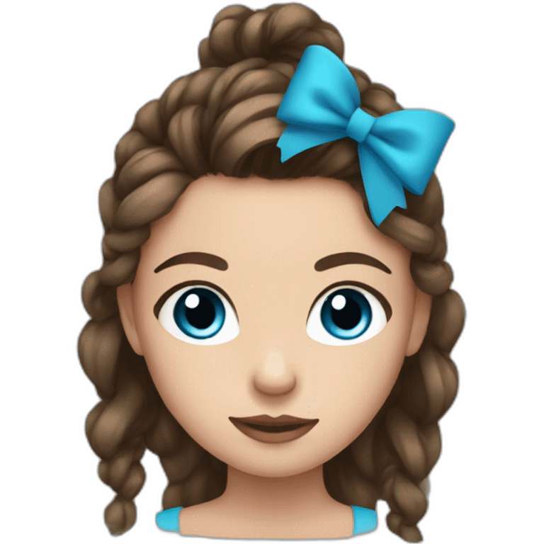 Girl with blue eyes brown hair and a messy ponytail with a black bow emoji