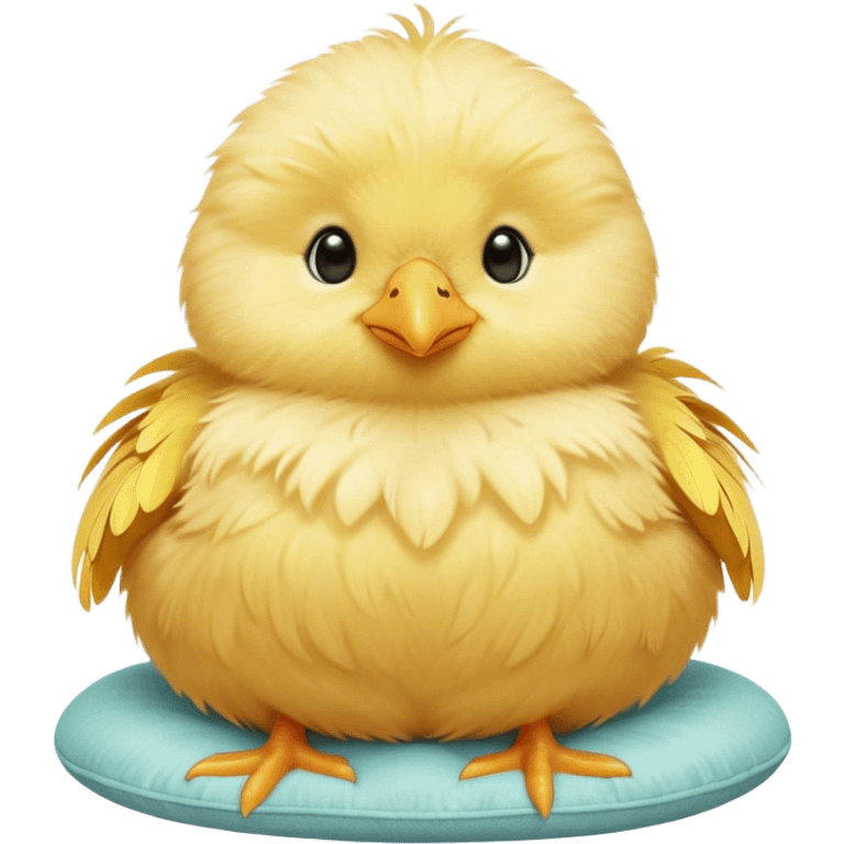 Cinematic round fluffy chick, golden yellow, tiny beak and feet, soft downy feathers, sparkling gentle eyes, sitting on a pastel-colored cushion, radiating warmth and sweetness. emoji