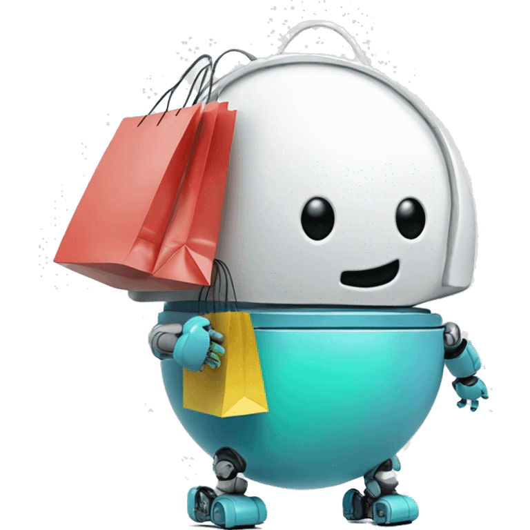 cute white floating spherical happy robot with floating shopping bags emoji