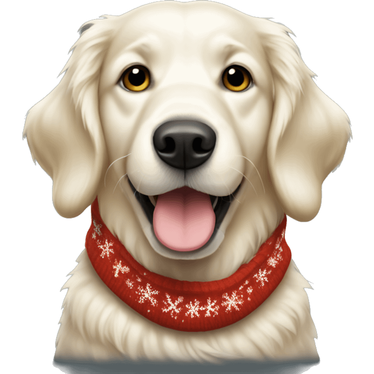 White golden retriever wearing Christmas sweater emoji