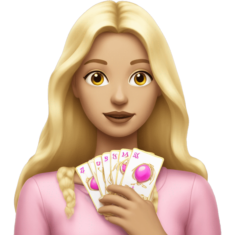 Blonde girl with pink pink tarot gold cards emoji