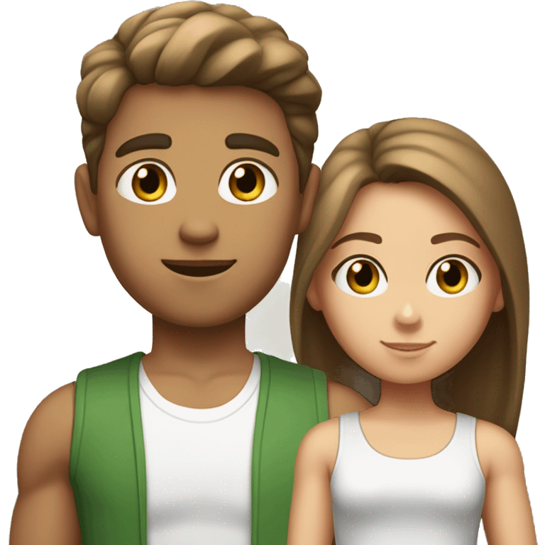 girl with light brown hair, straight and loose; with green eyes, a gray tank top next to a boy with short straight but voluminous brown hair and brown eyes, and wearing a white t-shirt emoji