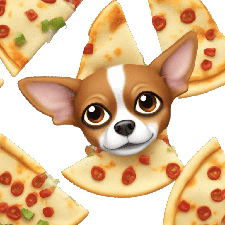 Long-haired reddish brown Chihuahua with white markings eating quesadilla emoji