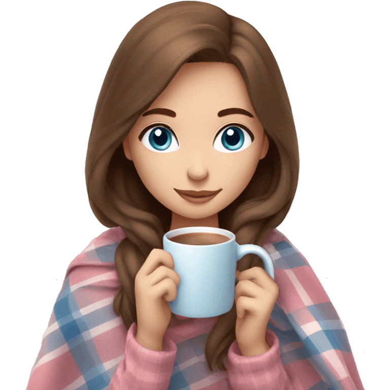 cute brown hair girl with blue eyes wrapped in pastel pink plaid blanket drinking coffee emoji