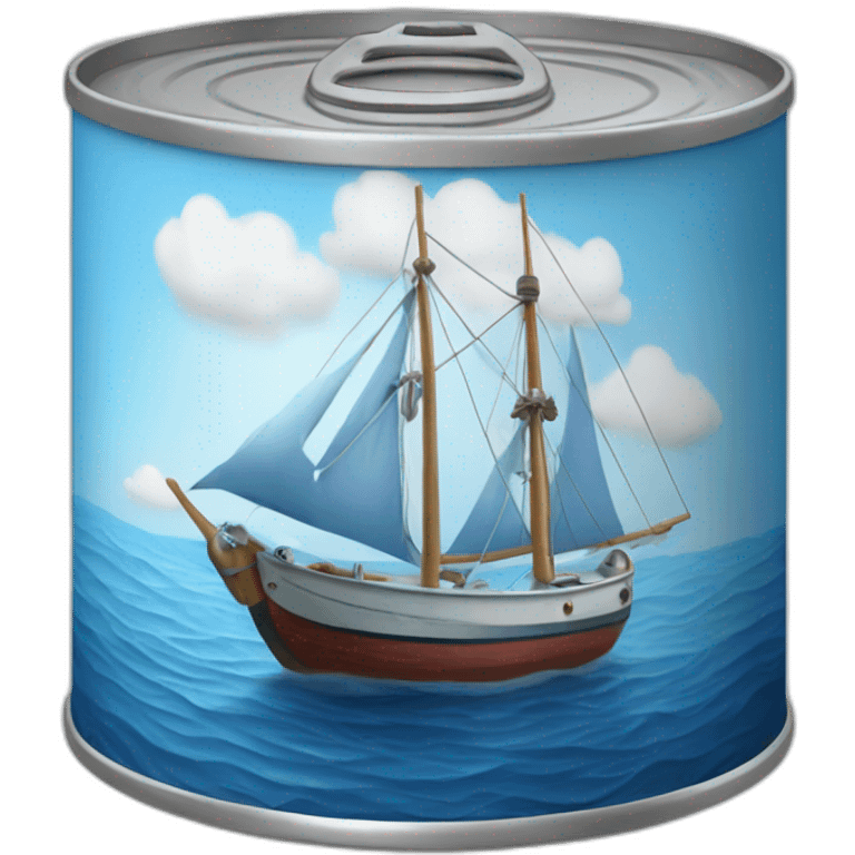 Realistic small can of tuna showing a sailling boat only blue colors emoji