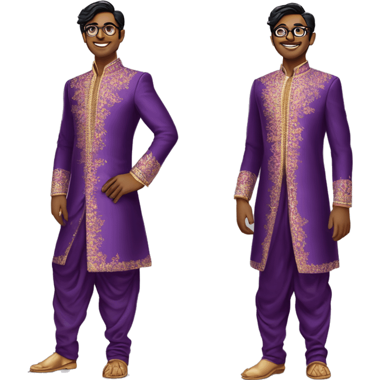 Full length Fair skinned south indian bridegroom wearing purple sherwani with floral design and wearing aviator style spectacles emoji