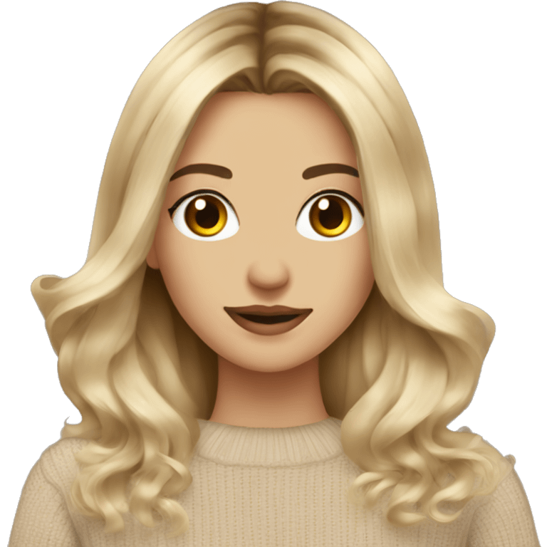 Blonde balayage long hair women beige sweater with camera emoji