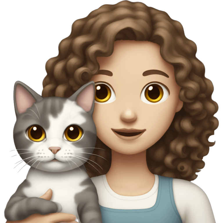 pale girl with brown curly hair holding grey and white cat emoji