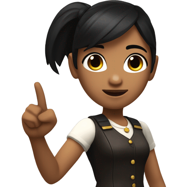 A dark-haired Roblox girl pointing to her right. Her face showing approval emoji