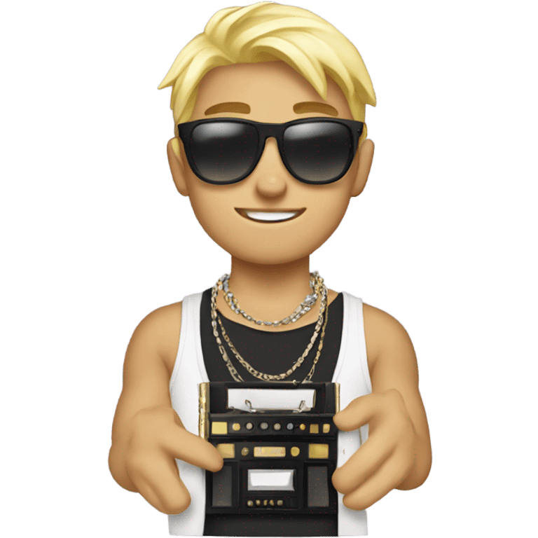 blonde boy in stylish jewelry with a boombox emoji