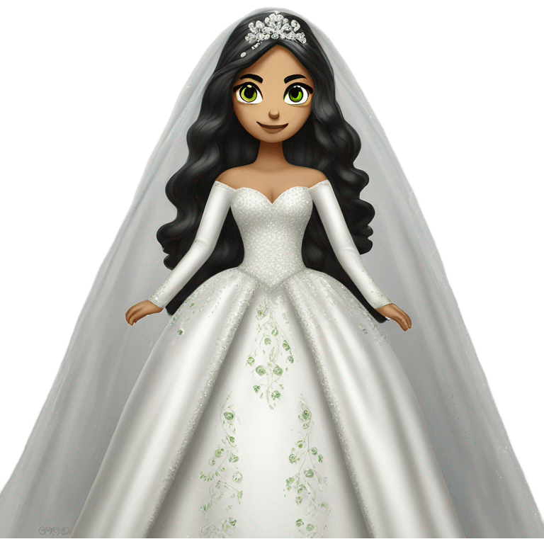 Hyper Realistic ornate ballgown long sleeve Wedding dress with diamanté on Russian bride with green eyes and long black hair with veil emoji