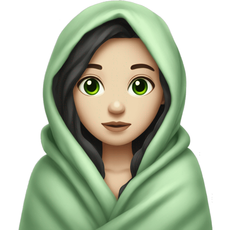 Pale girl with dark hair green eyes wrapped in a blanket cozy  emoji