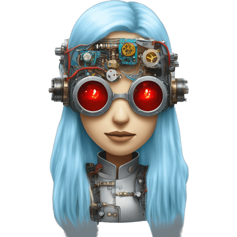 Light blue long hair female cyborg head with red steampunk goggles and circuits emoji