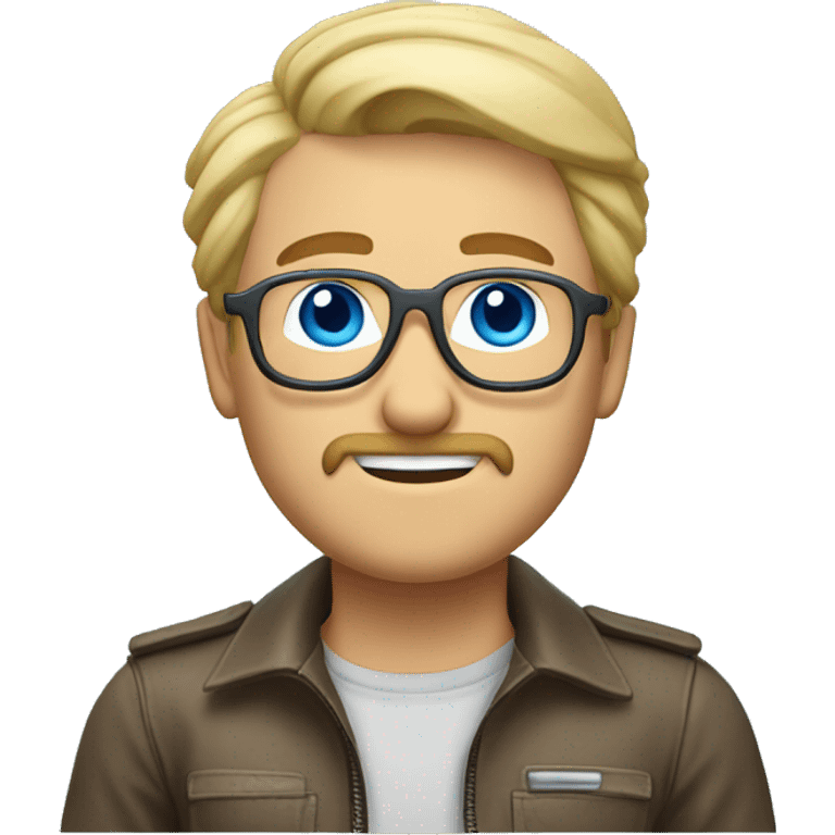 blond man, round mustache and goatee, aviator glasses for vision, long hair back, blue eyes emoji