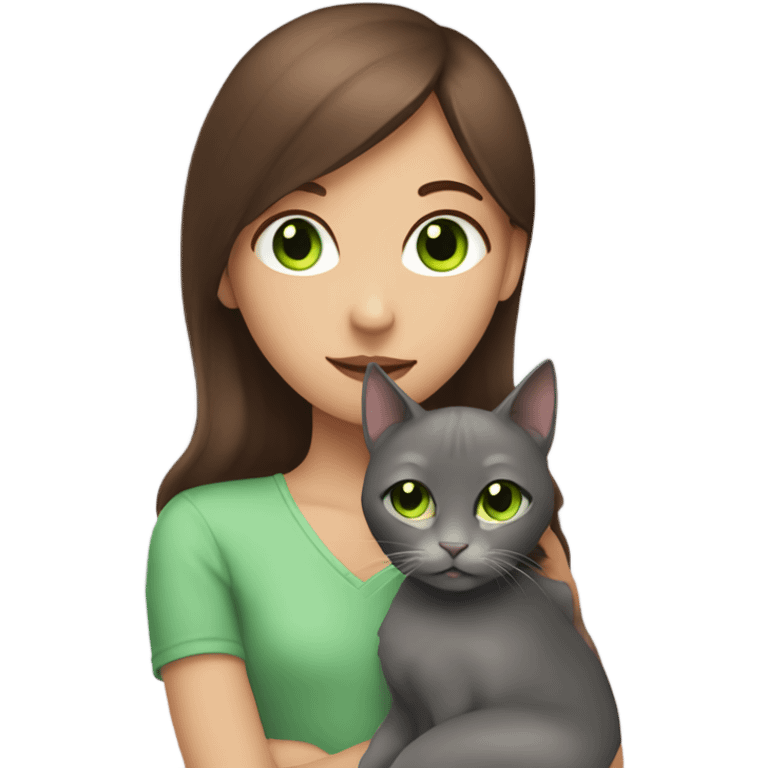 Brunette girl with cinnamon skin hugging a grey cat with green eyes  emoji