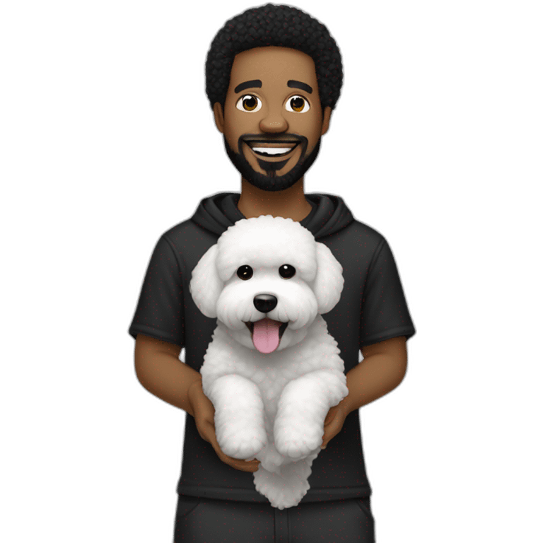 rapper-with hoop-white skin-black hair-beard-bichon dog-white-smile emoji