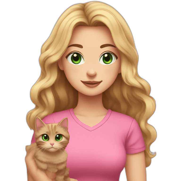 woman with green eyes and long wavy blonde hair in a pink shirt is holding a very fluffy and fat black and tortoiseshell cat emoji