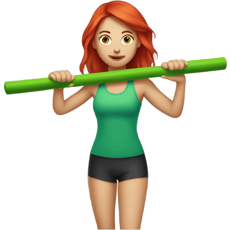 Red headed girl doing a workout with green drumsticks in her hands  emoji