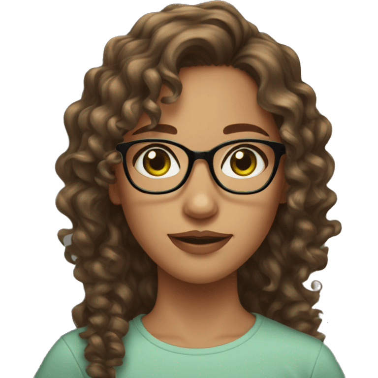 Girl green eyes wavy curly brown long short hair glasses down on nose  emoji