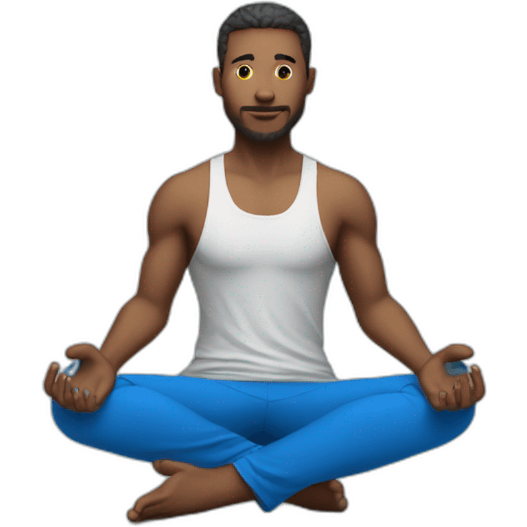 a male gamer instead of a computer head and blue clothes is sitting in a yoga pose emoji