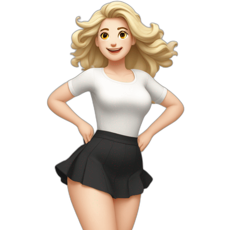 full-body-caucasian-curvy-beauty-jumping-short-black-skirt-back-and-front-views-strong-wind-white-knickers-long-white-socks emoji