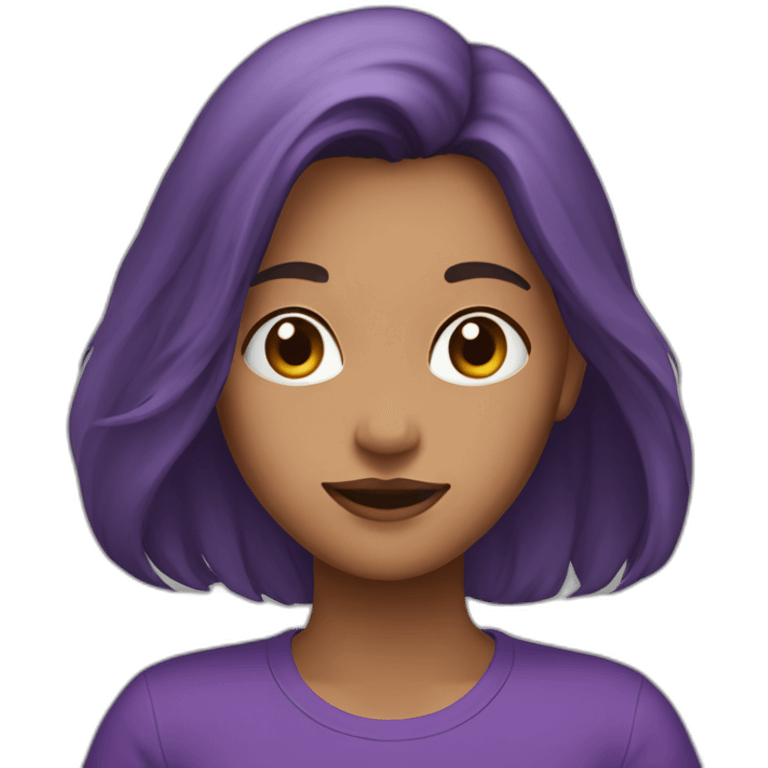 women,brown long hair,using purple tshirt, letrero hello emoji