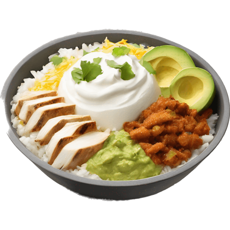 chipotle bowl with white rice chicken guacamole sour cream, and chese emoji