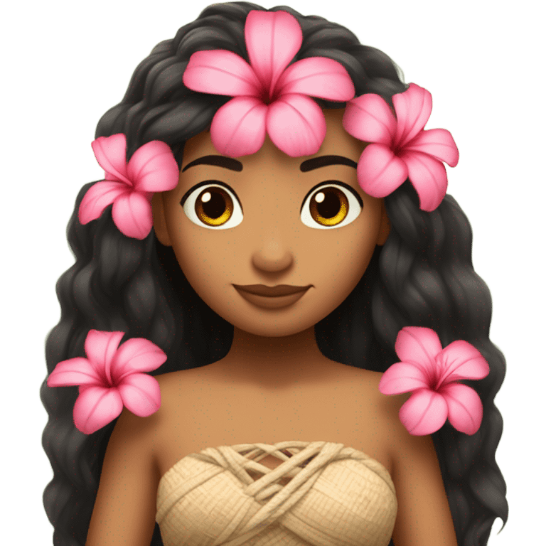 moana with long hair, long lashes and a hibiscuis pink flower on her hair emoji