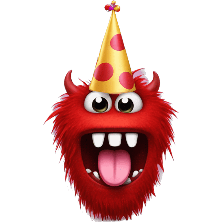 red monster with tongue out wearing party hats emoji