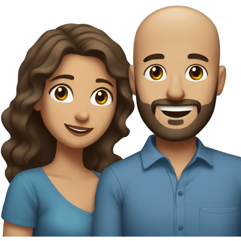 Brown-haired Puerto Rican woman with dark brown eyes wearing a cute blue blouse giving comforting hug to short, bald man with brown eyes, laugh lines, and a beard emoji