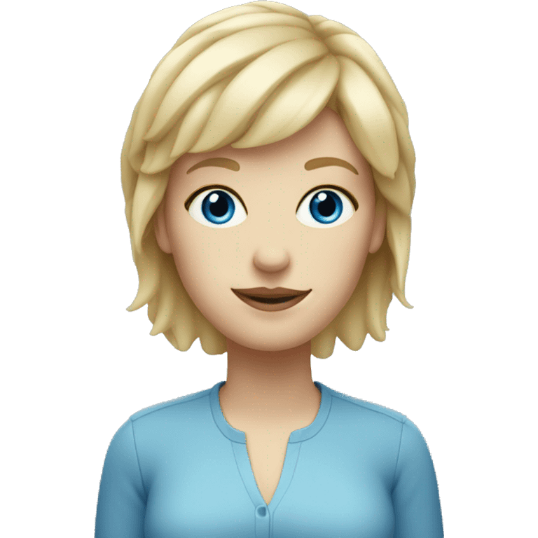 White woman with blonde mullet, short pixie bangs, blue eyes emoji